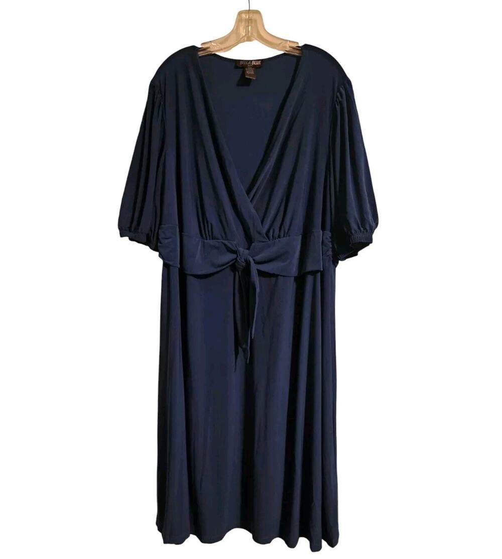 Bella Blue Plus Navy Dress Size 24W Stretch Short Sleeve Midi Crossover V-Neck